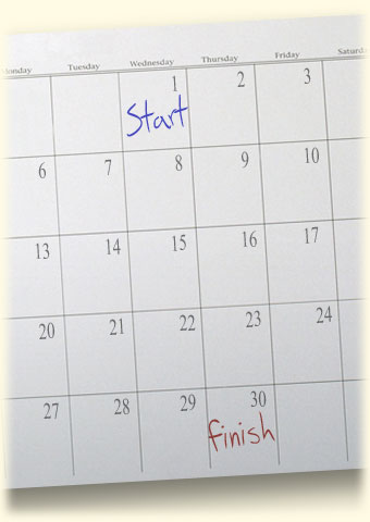 Graphic of a thirty-day calendar with no month identified. Days are numbered from 1-30. Day one says, "Start." Day thirty says, "Finish."