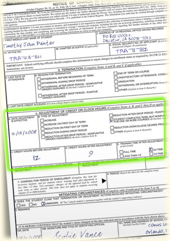 Graphic of the section of VA Form 22-1999b  that reports nonpunitive grades filled out with Tim Painter's information.