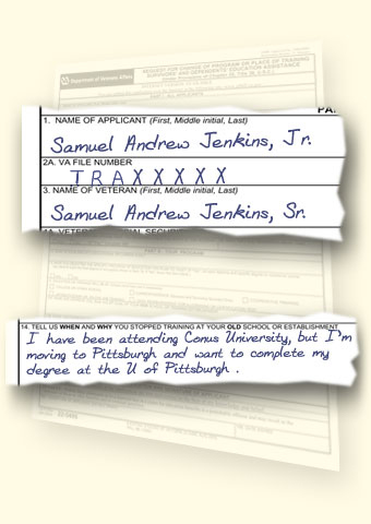 VA Form-5495 filled out with Sam's information.