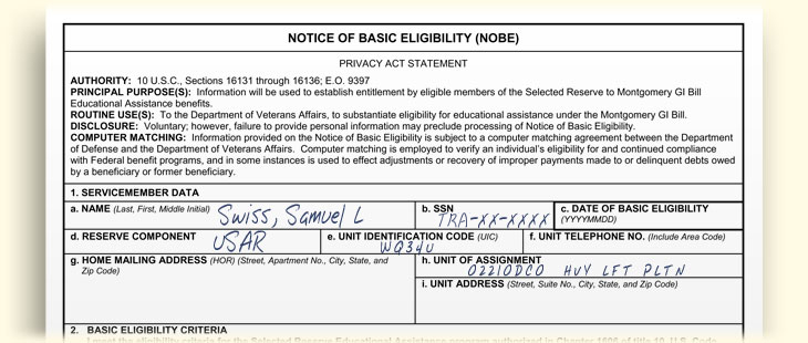 DD Form 2348-1 NOBE with the specific information. 