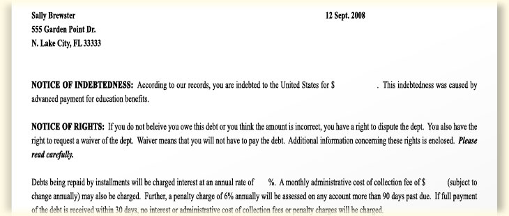 Graphic of a letter or form that is sent by VA to notify students of an overpayment.