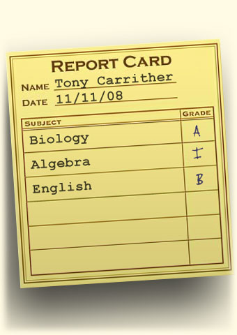 Graphic of a student grade sheet showing course names and the grades obtained, including an I for incomplete.