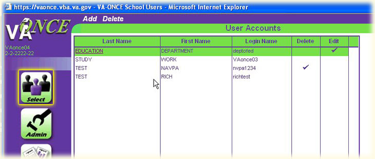 Graphic of the User Accounts Screen with the Select button highlighted.